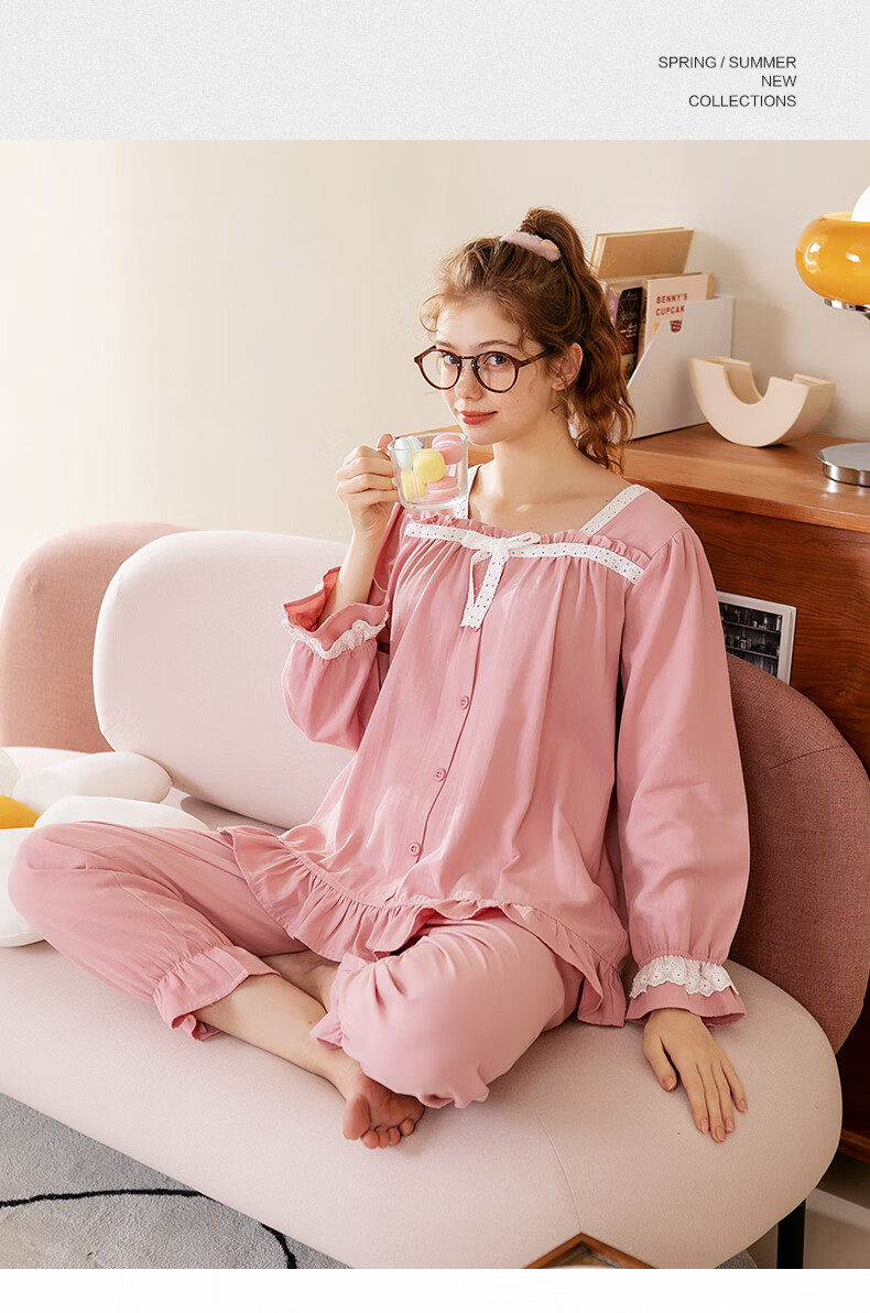 芬腾睡衣女纯棉尚少女感秋冬波边领口蕾丝拼接袖口女士睡衣家居服q
