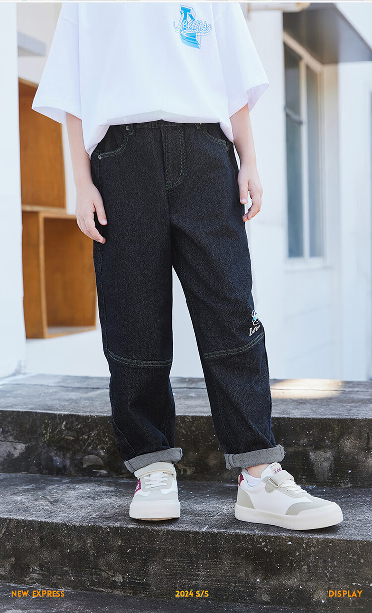 Lee Kids Children's Fashion Retro Contrasting Line Print Stretch Jeans Long Pants, Navy Blue, Size 110 2