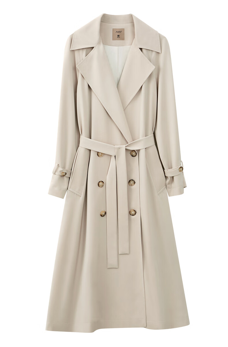 amii极简法式博主风长风衣女2021春秋新款宽松配腰带翻领外套深海蓝