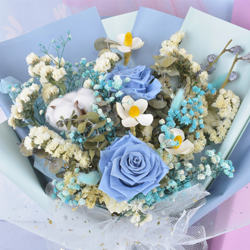 queenflora 玫瑰永生花花束勿忘我礼盒大束粉色蓝色生日表白真花送