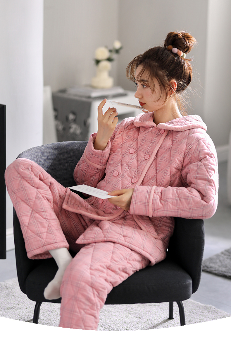 家乐芬睡衣女士冬季三层加厚纯棉夹棉加棉家居服冬天秋冬款全棉保暖