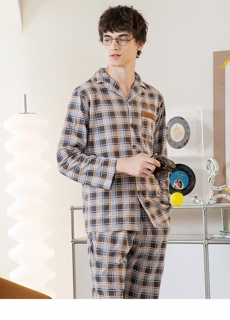 【芬腾男士长袖套装】芬腾 睡衣男秋季复古英伦风格纹纯棉休闲翻领