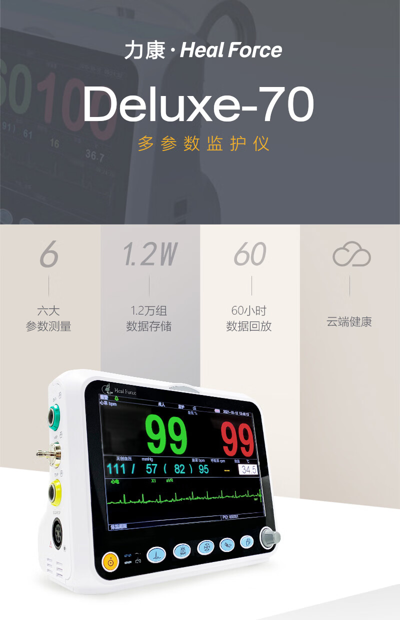 力康healforce心电仪监护仪五导联多参数社区家用24小时体温血氧脉率