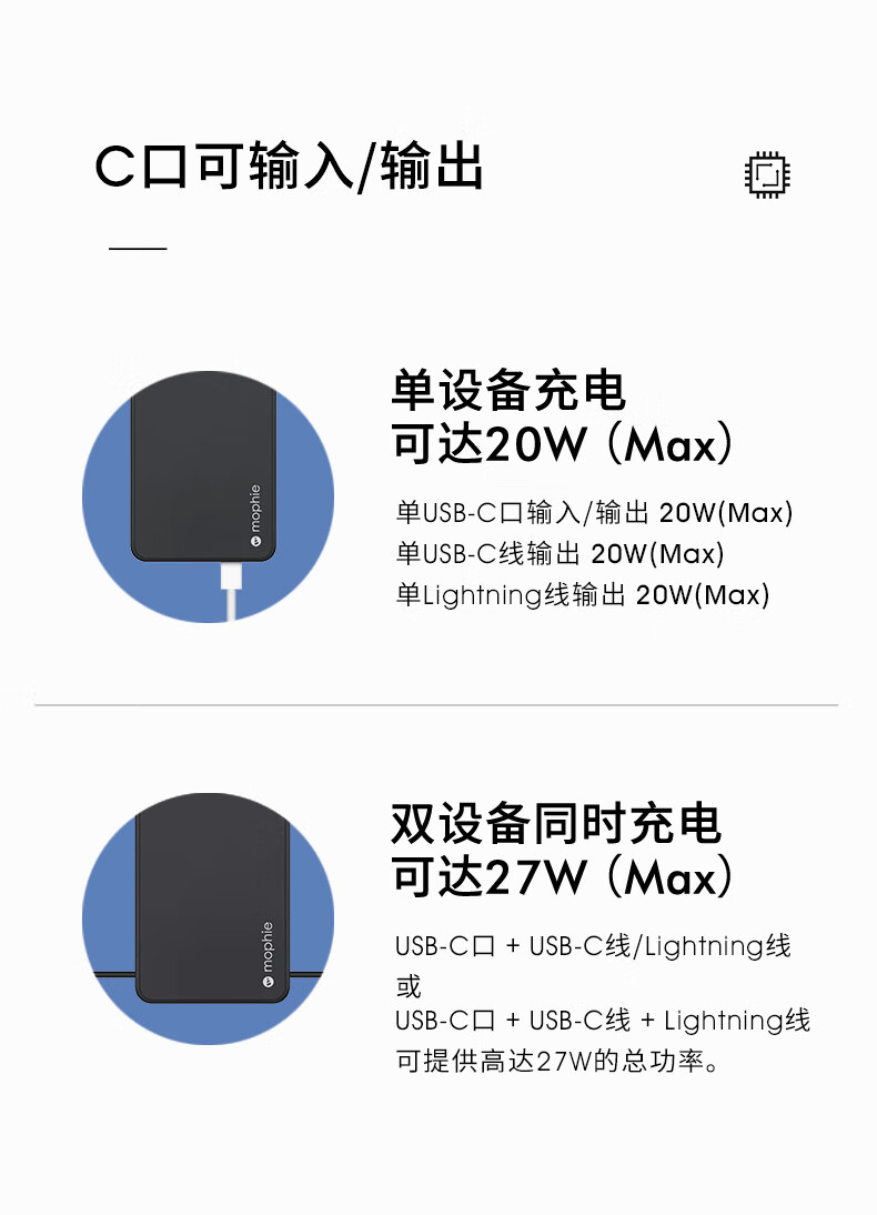 mophie自带线10000毫安充电宝 PD 20W双向快充便携小巧 苹果华为安卓手机移动电源 10000毫安20W双内置线电源-黑（苹果在售款)