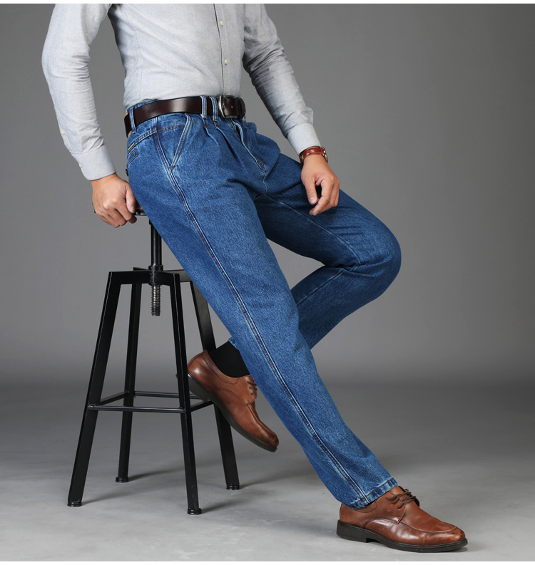 aemape男士牛仔裤锥形萝卜裤男裤中老年老板裤宽松高腰深裆双褶中年