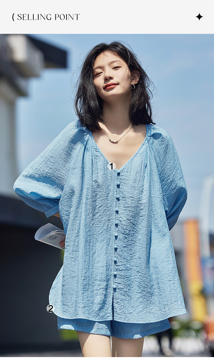 Dme [Cool Two-Piece Set], Summer V-Neck Mid-Sleeve Shirt Top And Shorts Set for Wome 4