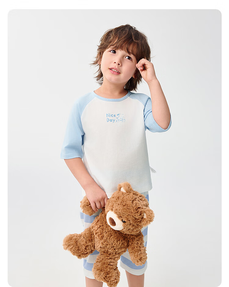 BALABALA Children's Pajama Set, Summer Air Conditioning Wear, Boys And Girls Home Wear, Big Kids Pure Cotton Baby Top And Sleep Pants 12