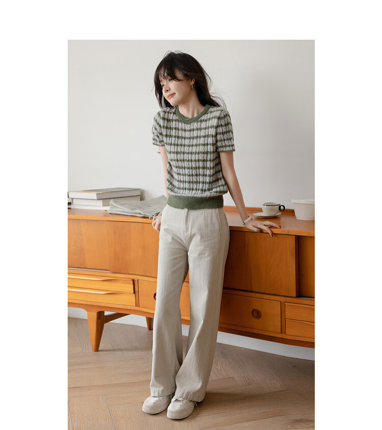 MT [Sen Ye Xian Zong] Spring Vintage Wool Blend Colorblock Striped Soft Short Sleeve Knit Top for Women 8