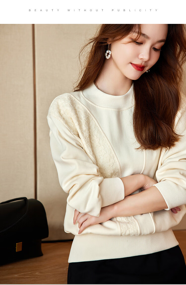 MT Lace Splice Spring Urban Casual Round Neck Pullover Long Sleeve Sweatshirt for Women 9