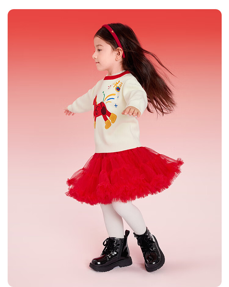 BALABALA 【balaOne】 Kids Sweater Girls Knitwear 2025 Winter Faux Two-Piece Jacquard Knit New Year Outfit 8