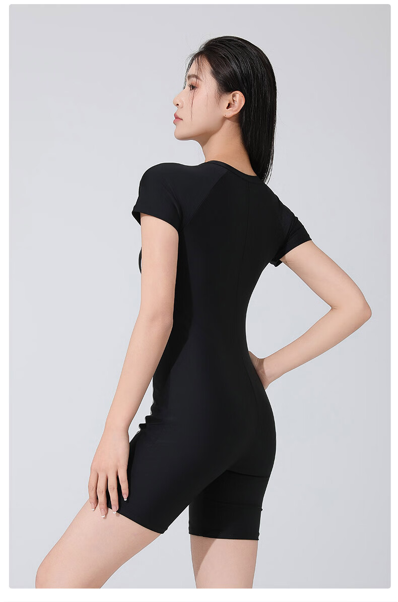 QIAODAN Women's Conservative Slim Fit Short Sleeve Comfortable Anti-Exposure Square Leg One-Piece Swimsuit Suitable for Hot Springs and Swimming 3