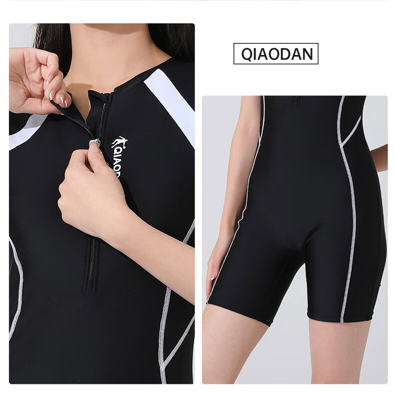 QIAODAN Women's Conservative Slim Fit Short Sleeve Comfortable Anti-Exposure Square Leg One-Piece Swimsuit Suitable for Hot Springs and Swimming 2