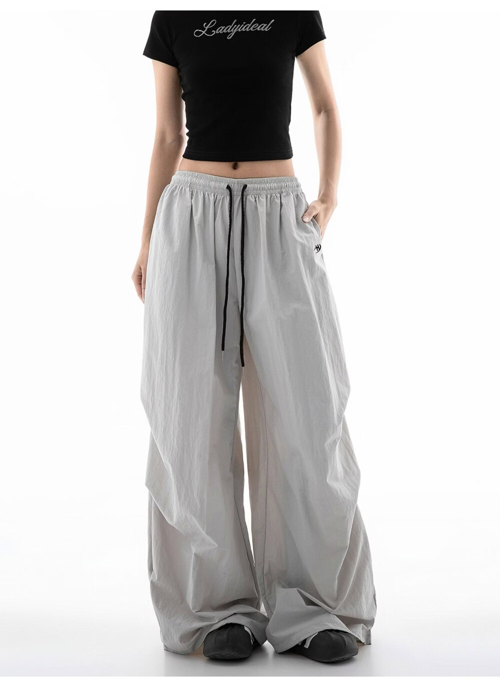 ICH MODE Women's American Style Summer Loose Lightweight Paratrooper Cargo Pants Straight Wide Leg Casual Pants Gray M 9