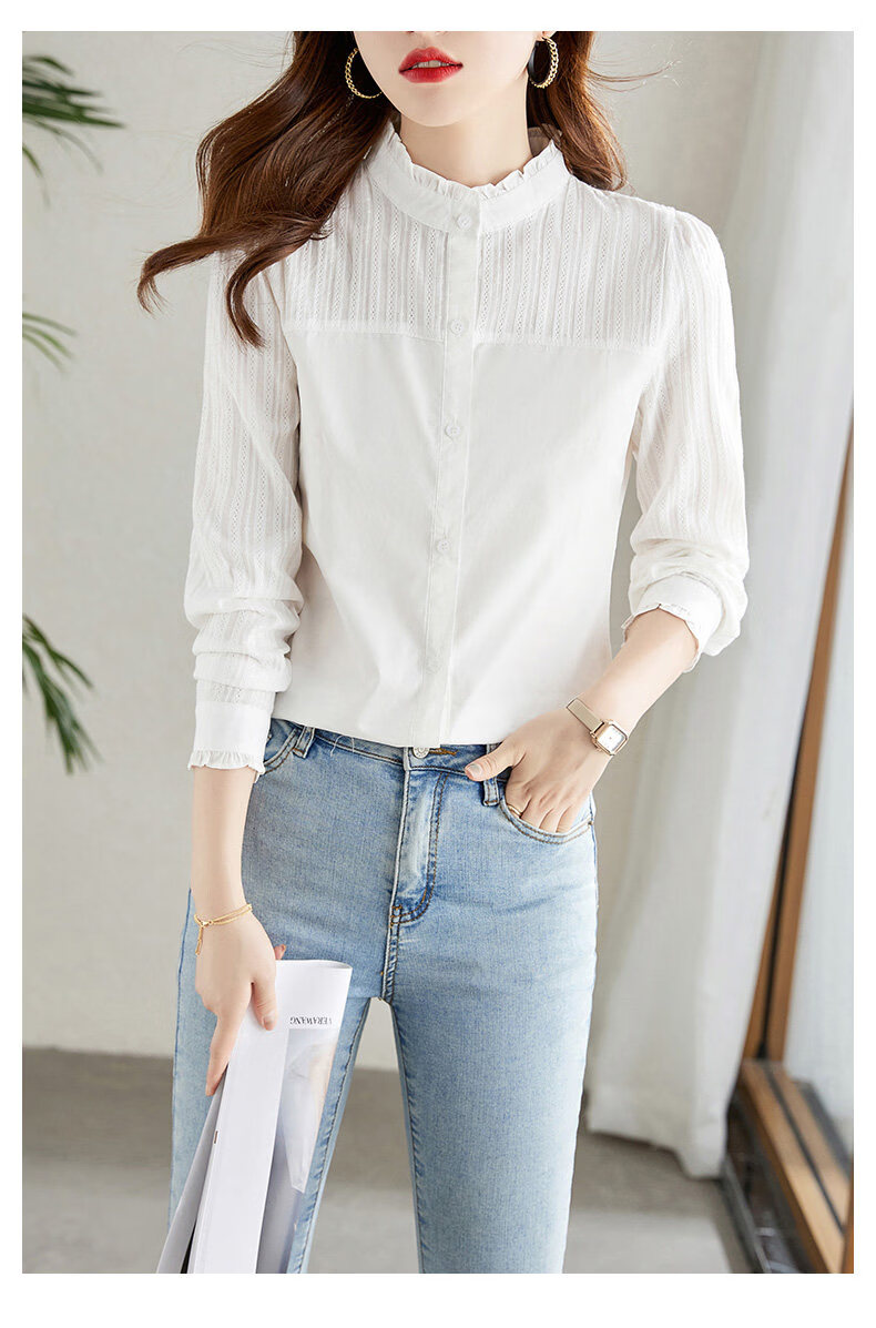 AOTUN Women's Long Sleeve Cotton Slim Fit Shirt with Wood Ear Collar KFG2237 White XL 7
