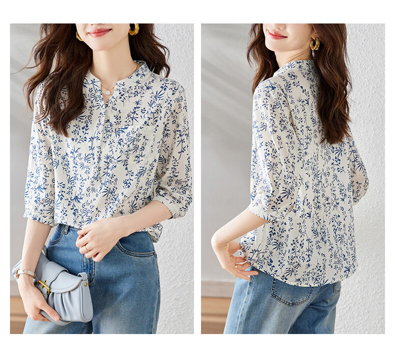 AOTUN Blue and White Porcelain Small Floral Print Women's Spring 3/4 Sleeve Cotton Shirt 35026 Blue and White Porcelain L 3
