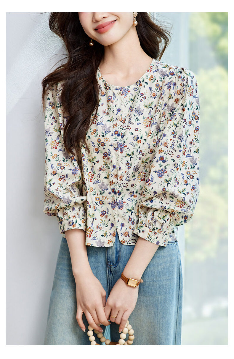 AOTUN Women's Long Sleeve Floral Shirt 2026 Spring Loose Casual Round Neck Blouse 47026 Image Color 2XL 7