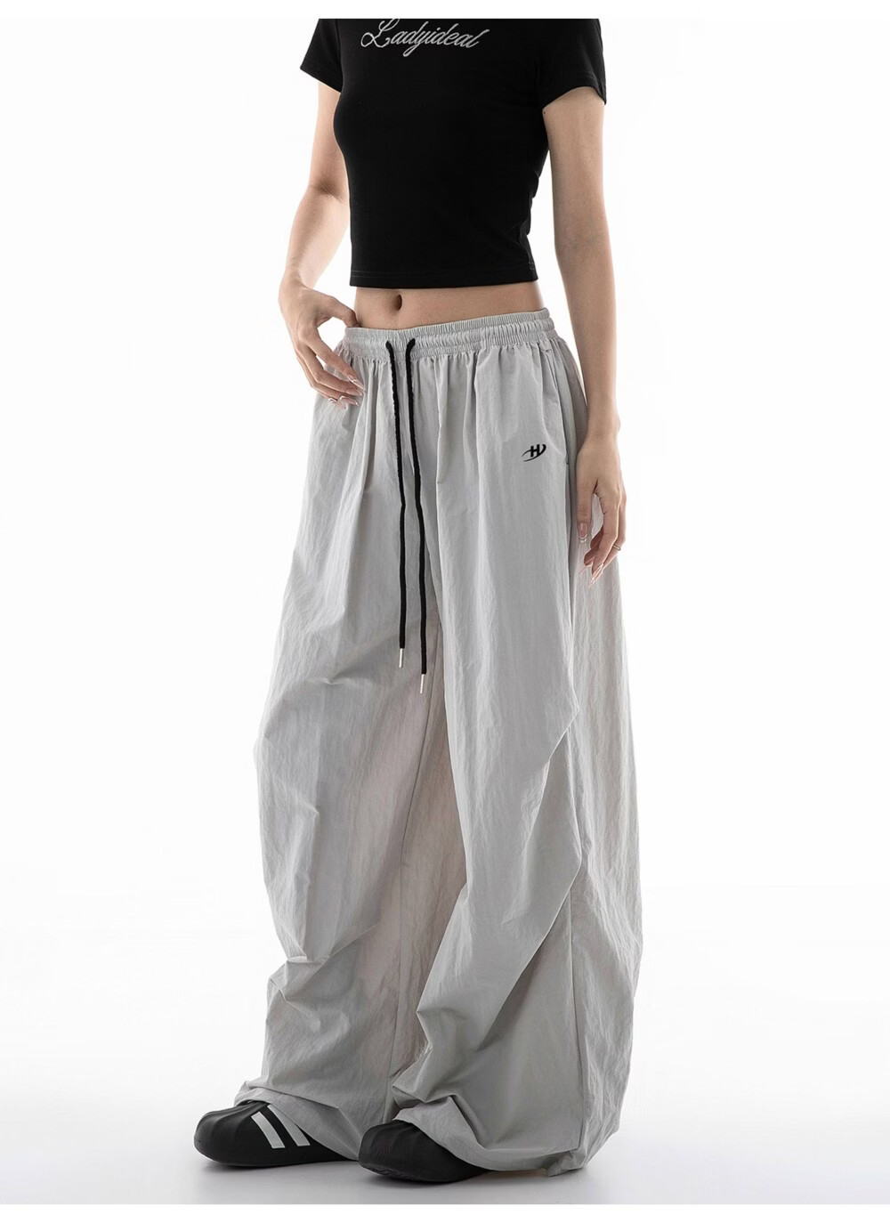 ICH MODE Women's American Style Summer Loose Lightweight Paratrooper Cargo Pants Straight Wide Leg Casual Pants Gray M 1