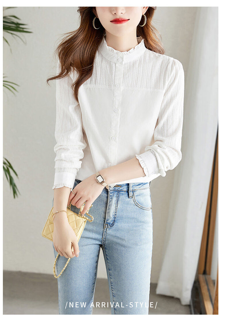 AOTUN Women's Long Sleeve Cotton Slim Fit Shirt with Wood Ear Collar KFG2237 White XL 1