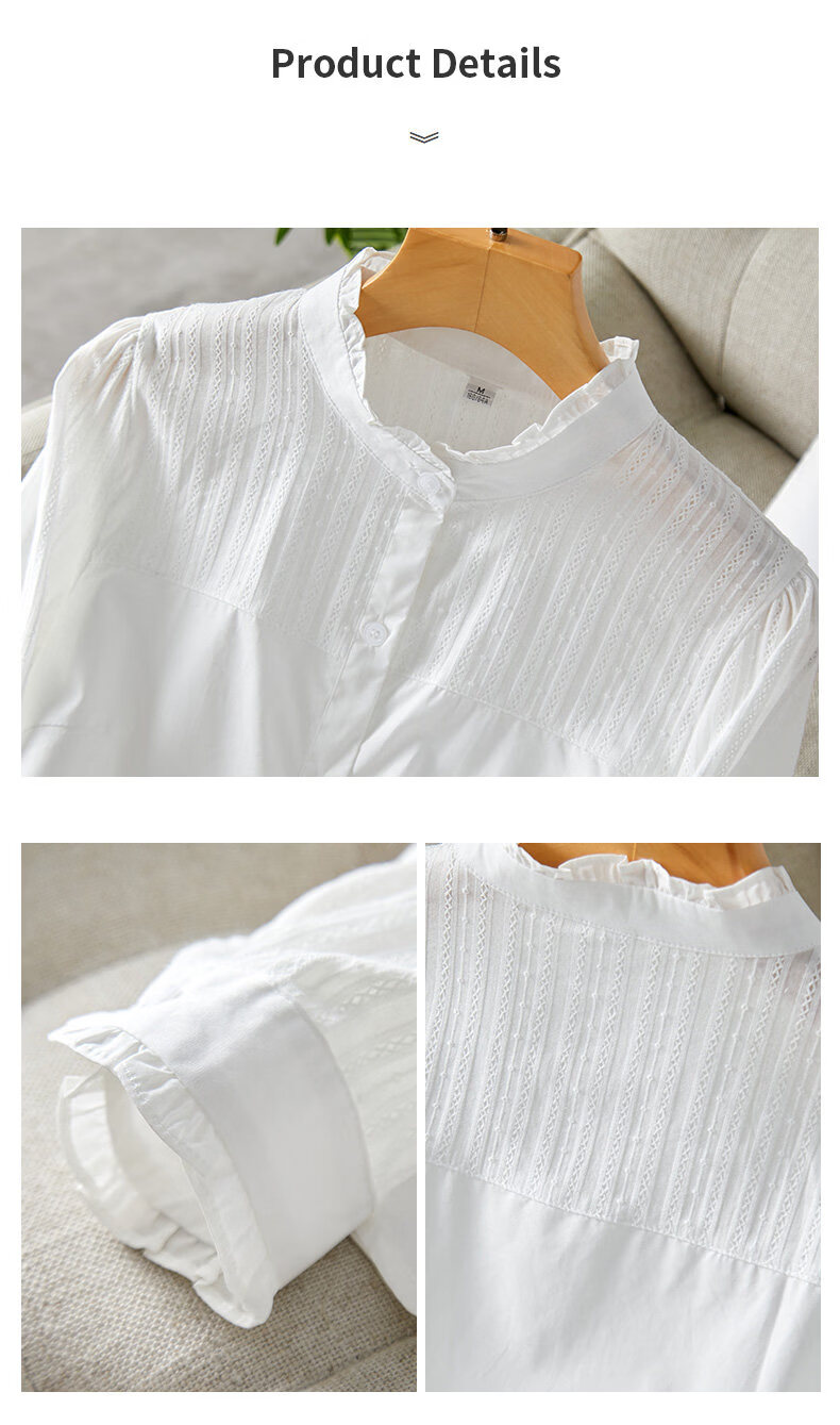 AOTUN Women's Long Sleeve Cotton Slim Fit Shirt with Wood Ear Collar KFG2237 White XL 12