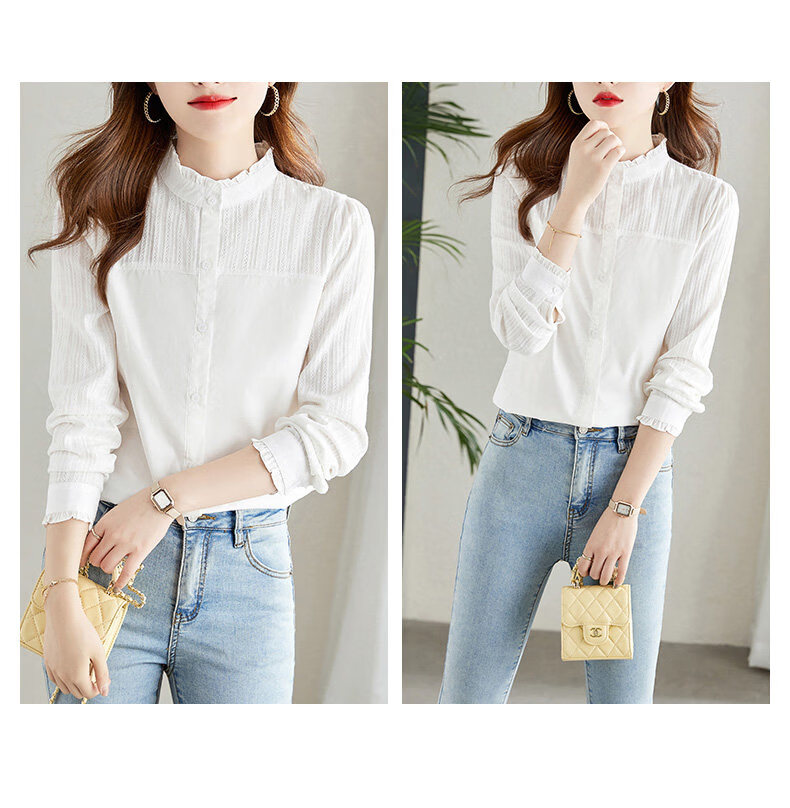 AOTUN Women's Long Sleeve Cotton Slim Fit Shirt with Wood Ear Collar KFG2237 White XL 3