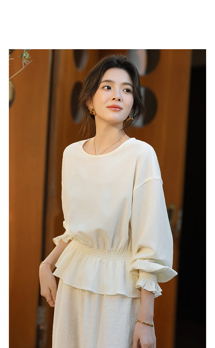 Demana Gentle Narrative Spring French Ruffle Hem Elastic Waist Shirt Round Neck Petite Blouse Women's Top 6