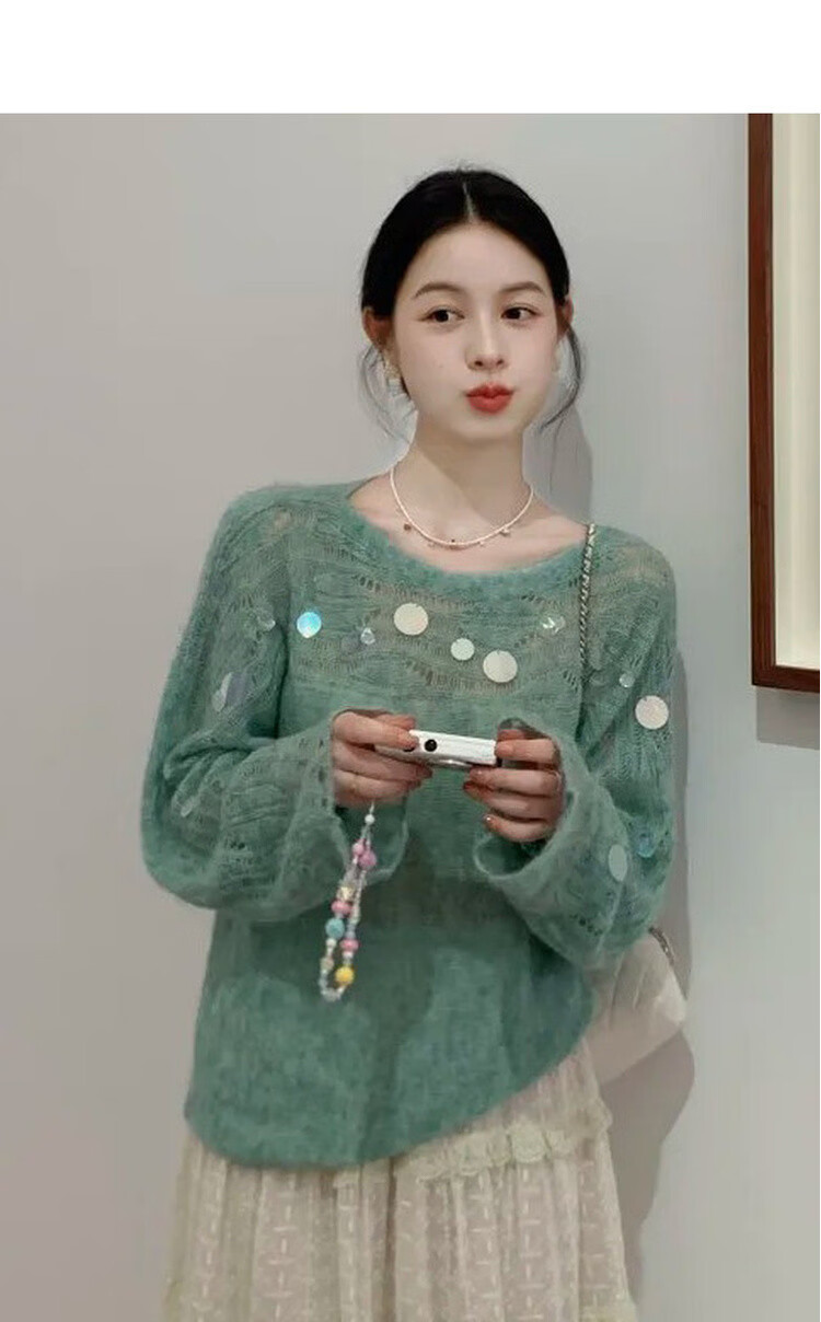 MT Spring Elegant Sequin Hollow Knit Sweater with Wool Blend for Women 5