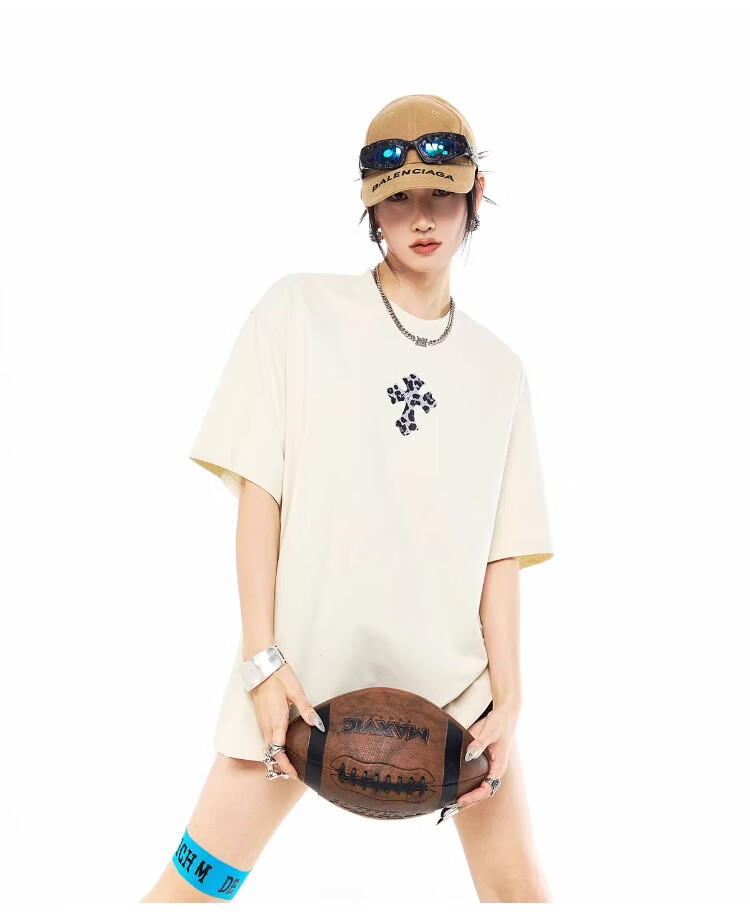ICH MODE Leopard Print Cross Vintage Short Sleeve T-Shirt Women 2026 New Summer Round Neck Loose Sports Top Black S 19