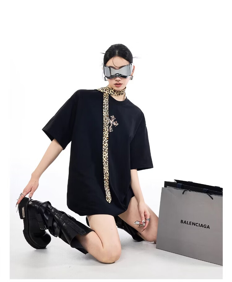 ICH MODE Leopard Print Cross Vintage Short Sleeve T-Shirt Women 2026 New Summer Round Neck Loose Sports Top Black S 7