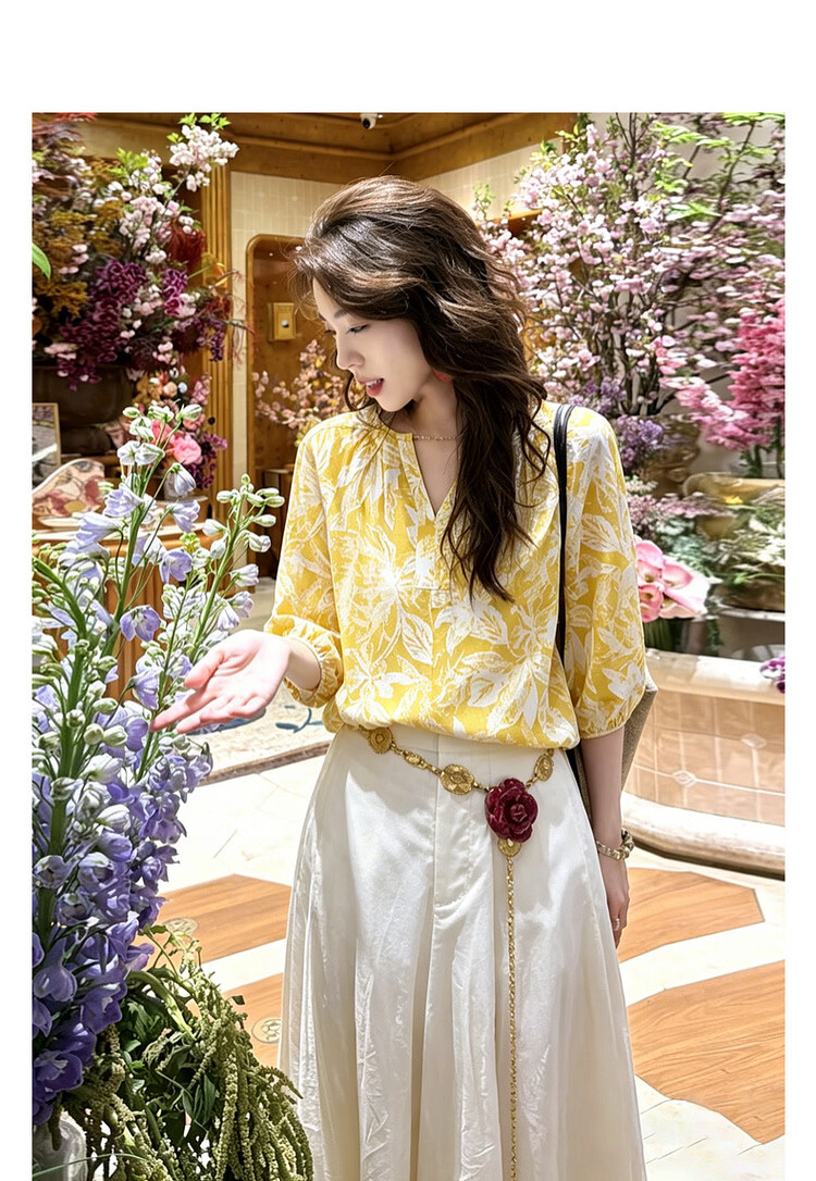 Mt [Pastel Euro Style] Romantic Pure Cotton Printed Shirt with Detachable Decorative Chain Women's Blouse 2