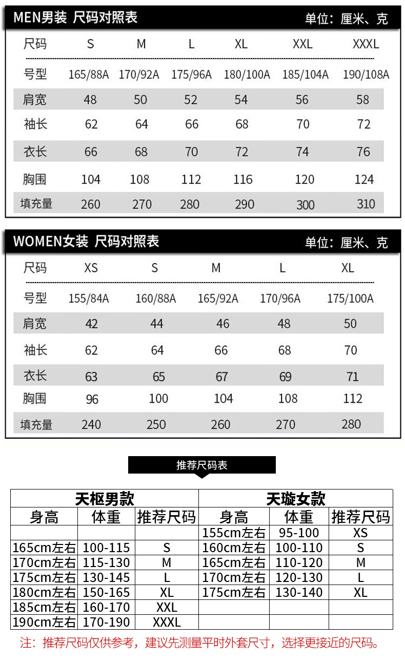 韩国羽绒服尺码对照表图片