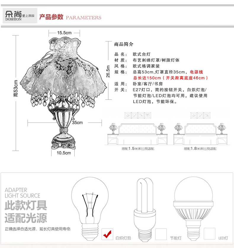 伊莎雪莱 床头欧式台灯田园卧室公主房树脂底座蕾丝布艺罩温馨暖色 浅粉色 调光开关
