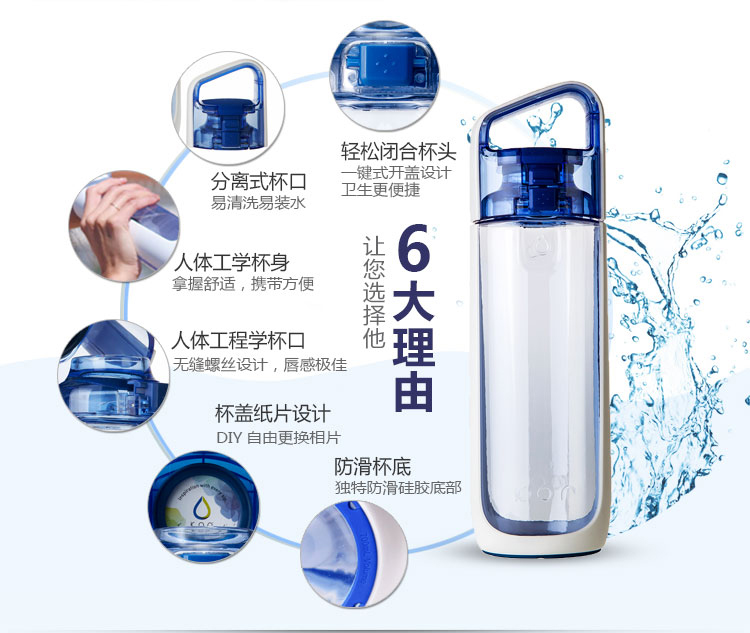 美国KorOne酷水运动塑料水杯黛爱酷水情侣钢铁侠水杯运动水壶户外 大容量500ml 蓝色HBK-DEA001