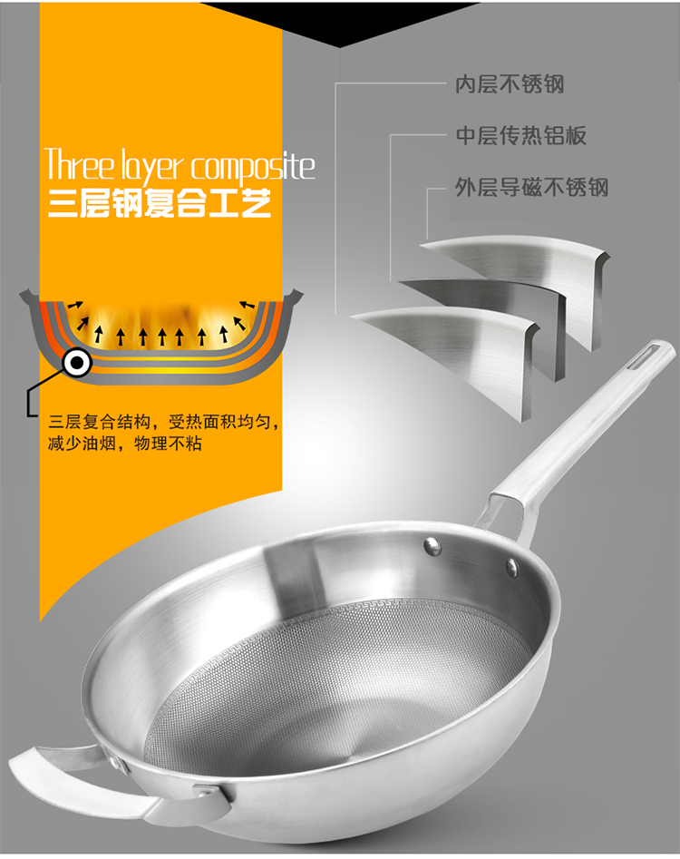 拜格BAYCO炒锅 32cm全钢中式多层不锈钢 无烟不粘电磁炉通用BG1140