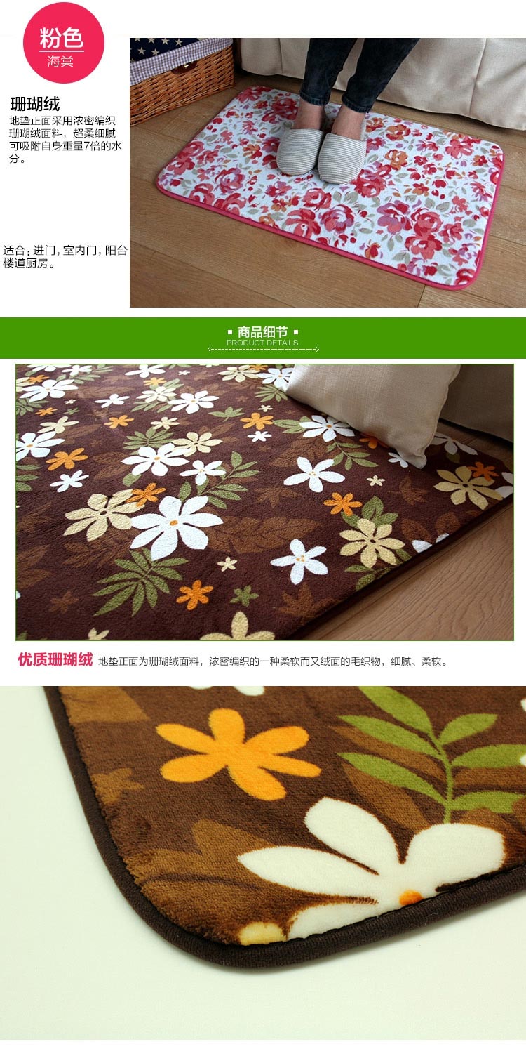 
                                        琪特 田园珊瑚绒地垫客厅门垫浴室脚垫厨房垫 咖啡秋叶 40*60cm                