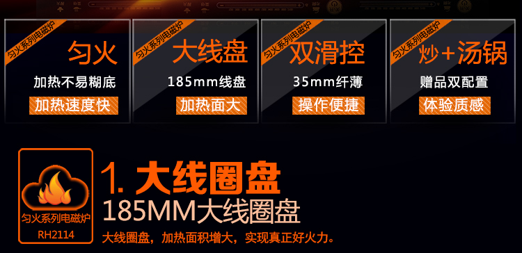 美的（Midea）电磁炉 RH2114 高性能匀火纤薄双滑控触屏（赠品质炒锅+欧式汤锅） 黑色