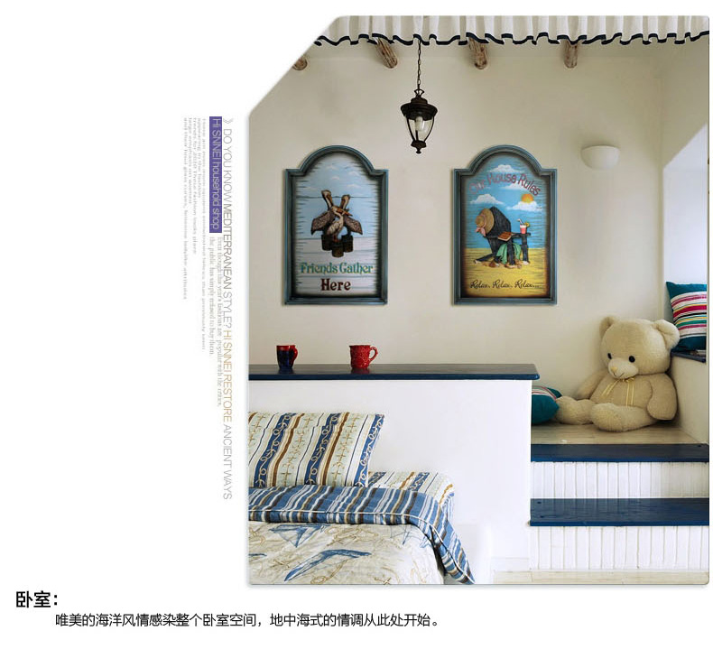 
                                        Snnei室内 客厅装饰画走廊挂画 创意现代立体浮雕板画壁饰 地中海沙发背景墙壁画 蓝框海滩海鸟款+沙滩款一对                