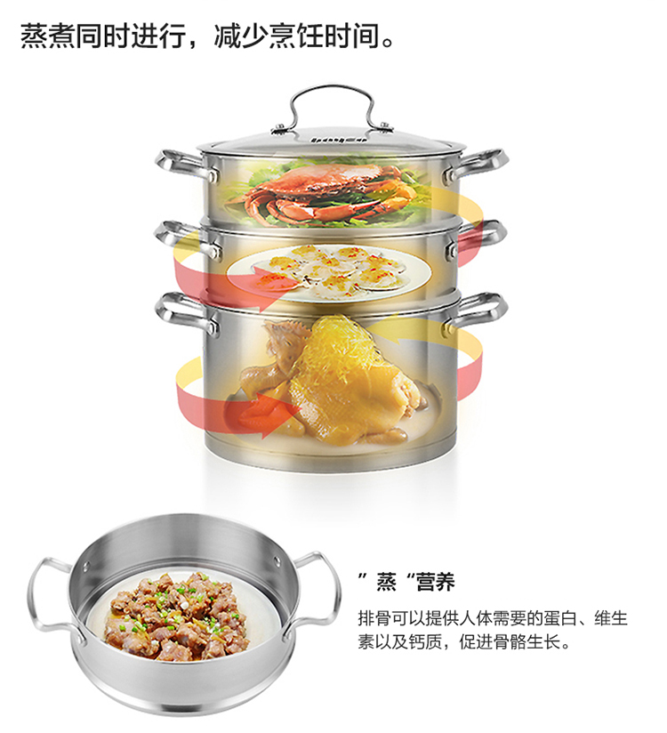 拜格BAYCO 24CM不锈钢复底双层直角蒸锅BG1013