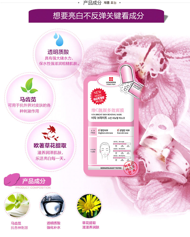 
                                        丽得姿（LEADERS）领先润美维C靓颜多效面膜25ml*10片/盒(保湿补水 睡眠 亮肤 护肤品 男女士）                