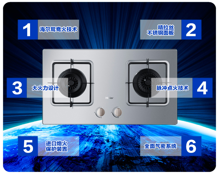 
                                                            海尔（Haier）4.1KW鸳鸯火 不锈钢嵌入式燃气灶（天然气）JZT-QE3G(12T)                
