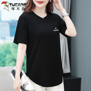 啄木鸟荷叶边短袖t恤女夏季洋气中年夏装半开叉宽松体恤上衣 黑色 M 建议80-105斤