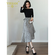 YIESAM原创品牌女装连衣裙两件套2019新款女一字肩连衣裙春秋鱼尾裙修身显瘦套装气质时尚裙子 黑色 S