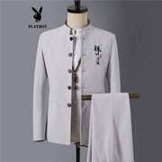 花花公子中山装男套装2019春季新款唐装男刺绣两件套复古风立领男装外套 米白色 L 此款偏小