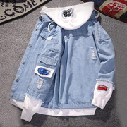 外套男装春秋季男士衣服牛仔夹克男修身韩版防晒衣服男休闲春季工装青年男生连帽短款棒球服 7705浅蓝 XL