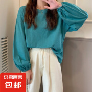 2024韩版chic甜美复古显瘦抽褶灯笼袖上衣减龄早秋长袖T恤女 湖绿色 L