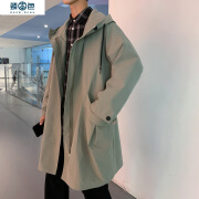 臻本色 风衣男春秋季经典韩版大口袋长款连帽大衣个性潮流外套 灰绿色 L