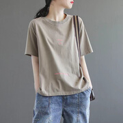 玖卡依短袖t恤女2025夏季新款女装纯棉刺绣圆领体恤宽松文艺半袖上衣女 卡其色减号 XL 建议115-130斤