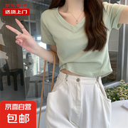 短袖T恤女夏季不规则V领胖mm显瘦正肩短款鱼骨上衣打底KJY#A018# A011#薄荷绿（V领纯色） M 【96斤以下】