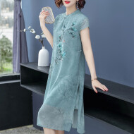 墨茉（MORIMUIR）连衣裙子女夏雪纺短袖民族风印花改良旗袍中长裙中年优雅宽松韩版 绿色 4XL(145-155斤)