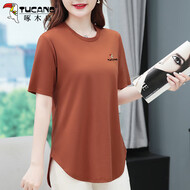 啄木鸟荷叶边短袖t恤女夏季洋气中年夏装半开叉宽松体恤上衣 焦糖色 M 建议80-105斤