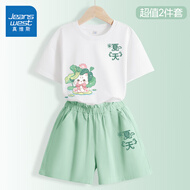 真维斯女童夏季套装2026新款儿童纯棉短袖T恤时尚中大童休闲花苞腰短裤 白/J荷叶猫右下-绿/J夏天K 150